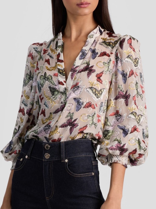 Alice + Olivia Tops - Alice + Olivia Multicolor Butterfly Surplice Blouse - Cream